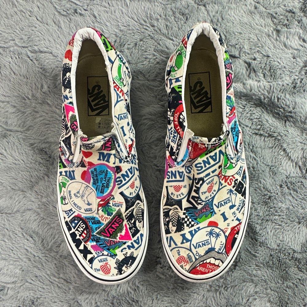 VANS Classic Slip-On Canvas Multicolor Logo Graphic Print Men's US 8 women 9.5
